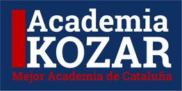 Texto: "Academia KOZAR, Mejor Academia de Cataluña" en fondo azul con franja roja.