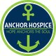 Green anchor logo with text "Anchor Hospice: Hope Anchors the Soul" on a navy background.