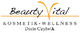 Logo von Beauty Vital Kosmetik-Wellness mit orangefarbenem Element und Name Doris Czylywik.
