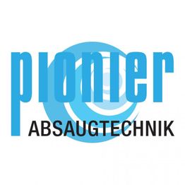 Logo mit blauem Text "pionier Absaugtechnik" vor weißem Hintergrund mit Kreismuster.