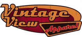 Logo mit Text "Vintage View Apparel" in Retro-Schriftart auf ovalem Hintergrund in Orange und Rot.