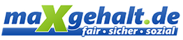 Logo "maxgehalt.de" mit Slogan "fair · sicher · sozial" in blau und grün.