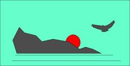 Vogel fliegt über Berg. Roter Halbkreis erscheint dahinter. Grüner Hintergrund. Minimalistischer Stil.