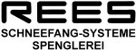 Logo mit Text: "REES SCHNEEFANG-SYSTEME SPENGLEREI" in schwarzer Schrift auf weißem Hintergrund.