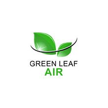 Logo of "Green Leaf Air" featuring two green leaves with text beneath.
