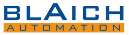 Textlogo: "Blaich Automation", Blaich in Blau, Automation in Weiß auf einem orangefarbenen Hintergrund.