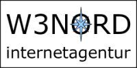 Logo der Firma "W3Nord Internetagentur" mit einem blauen Kompass in der Mitte des "O".