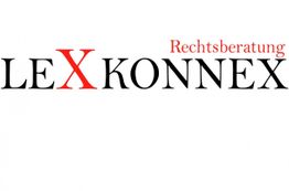"Logo mit Text: LexKonnex Rechtsberatung in Schwarz und Rot auf weißem Hintergrund."