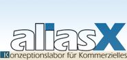 Logo mit Text "aliasX, Konzeptionslabor für Kommerzielles" auf blauem Hintergrund.