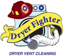 Cartoon dryer with firefighter hat, vent hose, and ribbon saying "Dryer Fighter."