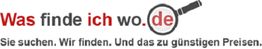 Logo mit Text: "Was finde ich wo.de" und Slogan "Sie suchen. Wir finden. Und das zu günstigen Preisen."