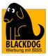 Schwarzer Hund auf gelbem Hintergrund mit Text: "BLACKDOG Werbung mit BISS".