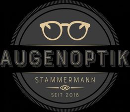 Logo mit Brille, Text "Augenoptik Stammermann Seit 2018" in einem runden Design.