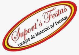 Logotipo da "Suport's Festas", locação de materiais para eventos, em oval vermelho e amarelo.