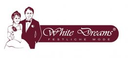 Brautpaar-Illustration neben "White Dreams Festliche Mode" in stilisierter Schrift.