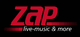 Logo mit rotem "ZAP" und Text "live-music & more" auf schwarzem Hintergrund.