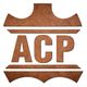 Logo con las letras "ACP" en textura de cuero marrón.