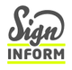 Text-Logo: "Sign Inform" in schwarz und neongelb, mit geschwungenem "Sign" oberhalb von "INFORM".