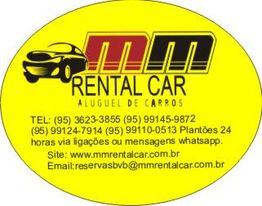 Logo amarelo da MM Rental Car com informações de contato e site para aluguel de carros.