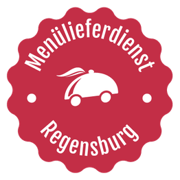 Rotes Logo mit Text "Menülieferdienst Regensburg" und Piktogramm eines Essenswagens.