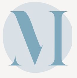 Stylized letter "M" in blue, set against a light blue circle on a gray background.