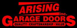 "Arising Inc. Garage Doors logo with red text on black, highlighting quality and craftsmanship."