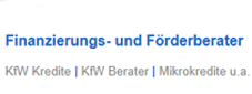 Text: "Finanzierungs- und Förderberater, KfW Kredite, KfW Berater, Mikrokredite u.a." in blau.
