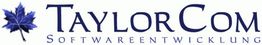 Logo von TaylorCom Softwareentwicklung mit blauem Ahornblatt.
