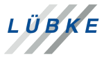 Logo mit blauem Schriftzug "LÜBKE" auf diagonalen grauen Streifen im Hintergrund.