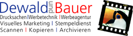 Logo von Dewald & Bauer mit Filmstreifen und Penguingesicht. Dienstleistungen im Druck und Marketing.