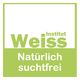 „Weiss Institut“ Logo auf grünem Hintergrund mit dem Slogan „Natürlich suchtfrei“.