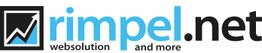 Logo von Rimpel.net mit schwarzem und blauem Text: „websolution and more“. Grafiksymbol links.