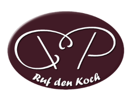 Logo mit stilisierten Buchstaben "R" und "P" auf dunkelrotem Oval, darunter Text "Ruf den Koch".