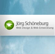Logo mit grünem Symbol und Text: "Jörg Schöneburg, Web Design & Web Entwicklung", blauer Hintergrund.