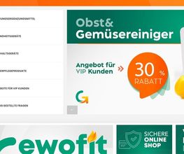 Website mit Menü, Rabattangebot für Obst- und Gemüsereiniger, 30% Rabatt für VIP-Kunden.