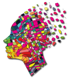 Silhouet van een hoofd met kleurrijke geometrische patronen tegen een zwarte achtergrond.