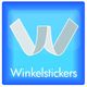 Logo met de tekst "Winkelstickers" en een gestileerde grijze letter W op een blauwe achtergrond.