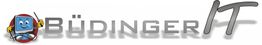 "Büdinger IT-Logo mit lächelndem Cartoon-Monitor, der ein Werkzeug hält."