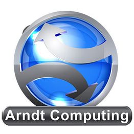 Blaues Globussymbol mit zwei Pfeilen und Text "Arndt Computing" darunter.
