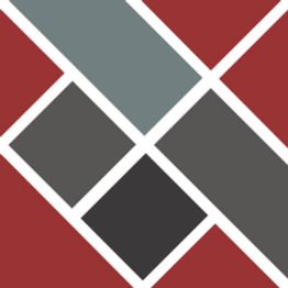 Abstraktes Muster mit roten, grauen und schwarzen Quadraten und Rechtecken auf weißem Hintergrund.