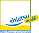 Logo mit Text "shiatsu mobil", Slogan: "Mobile Massage am Arbeitsplatz", blau-gelbes Design.