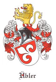 Familienwappen mit Löwen, Helm und roten Verzierungen, darunter steht der Name "Übler".