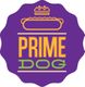 Logotipo com fundo roxo, hot dog e coroa acima das palavras "Prime Dog" em amarelo e verde.