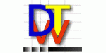 Bunte Buchstaben "DTV" auf kariertem Hintergrund mit schwarzen Linien darunter.