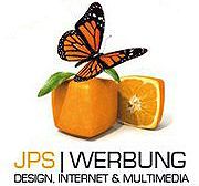 Schmetterling auf Orangenwürfel neben halber Orange, Text: "JPS Werbung, Design, Internet & Multimedia".