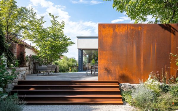 Sichtschutz aus Cortenstahl vor Terrasse.