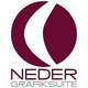 Logo der Neder Grafiksuite mit bordeauxrotem Kreis und abstraktem, weißen grafischen Element.