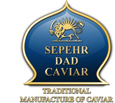 Blau-goldenes Logo von Sepehr Dad Caviar mit Löwen-Sonnen-Emblem und Text.