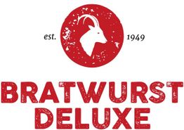Logo mit einem Ziegenkopf und der Aufschrift "Bratwurst Deluxe, est. 1949" in Rot und Weiß.