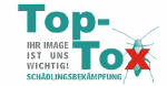 Logo von "Top-Tox Schädlingsbekämpfung" mit einem Insektensymbol und dem Slogan "Ihr Image ist uns wichtig!".